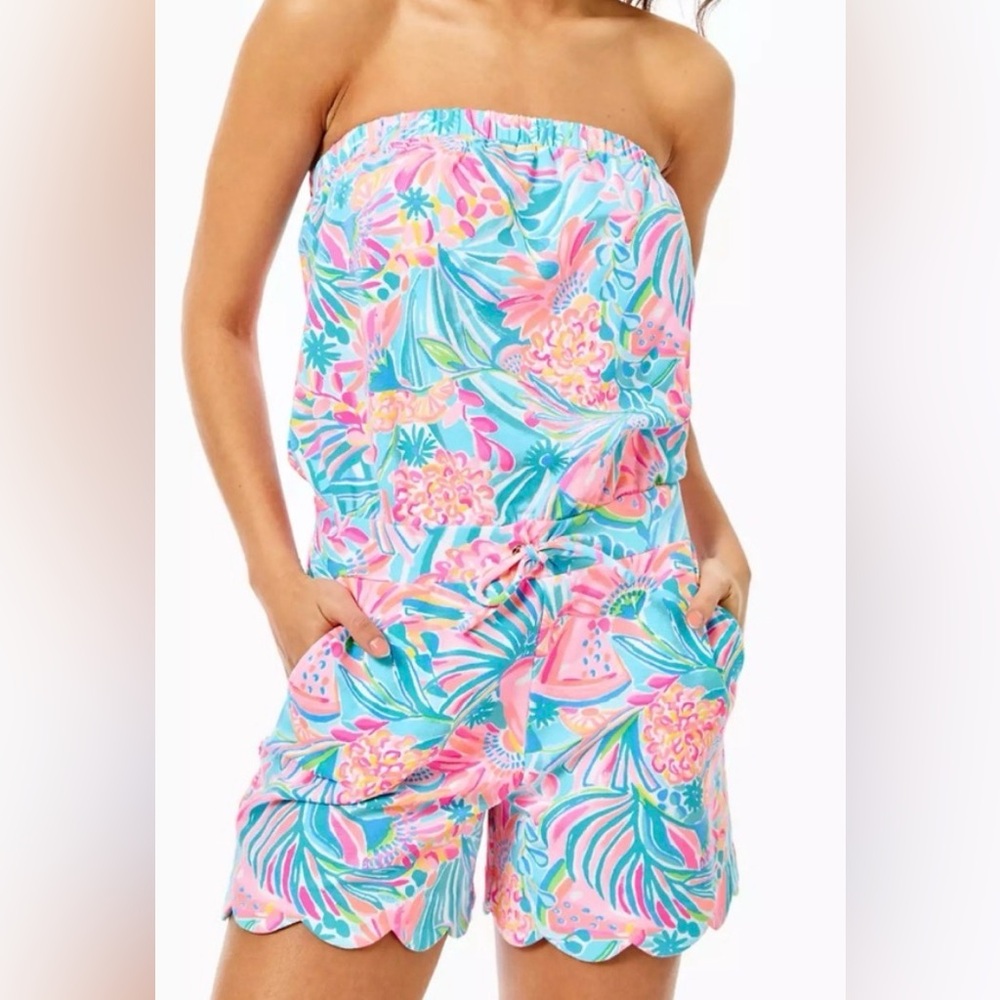 Lilly Pulitzer Tropical Floral Strapless One-Piece Romper in Pink & Aqua